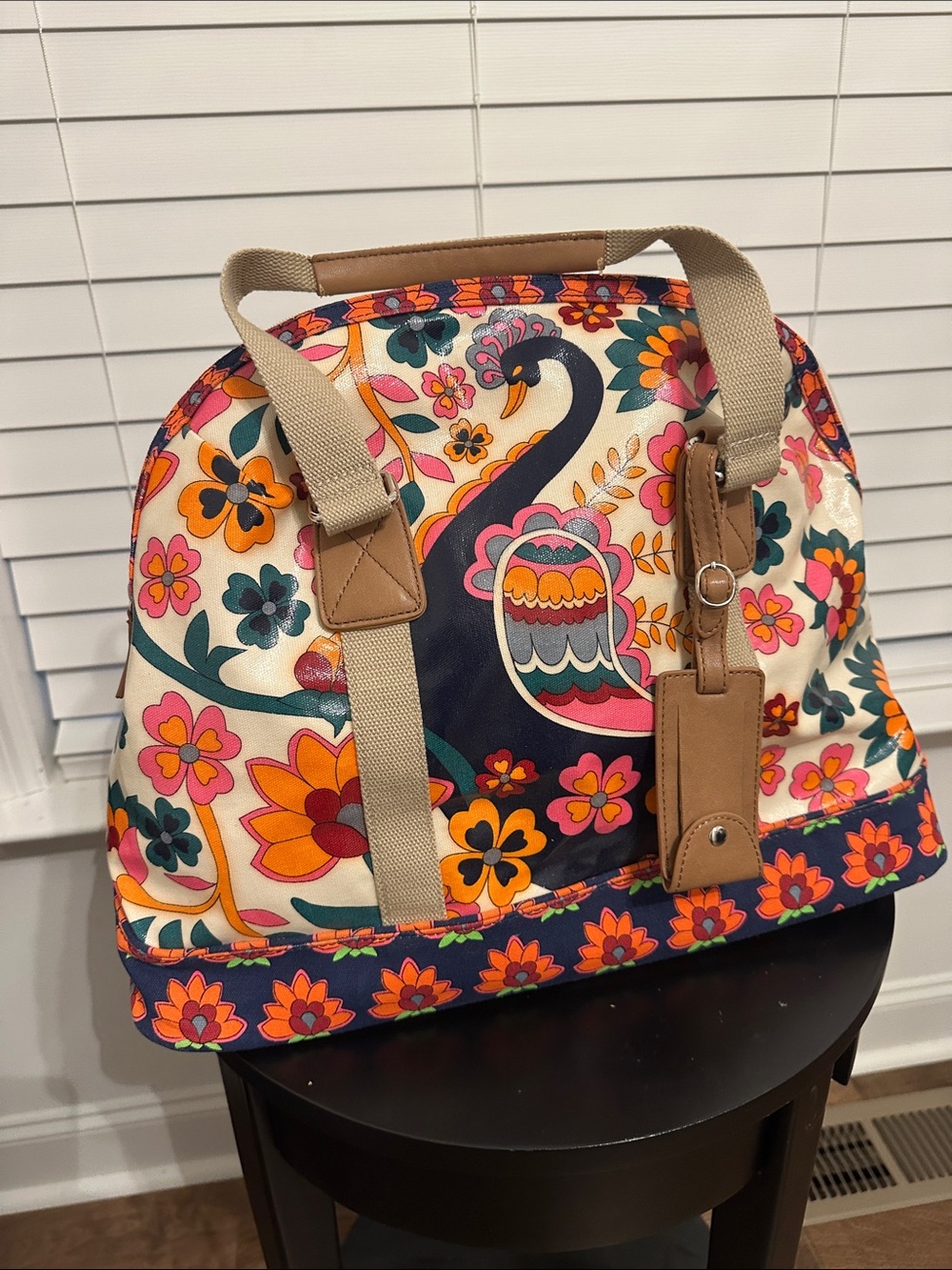 Lily Bloom Cream Canvas Weekender with Navy Swan and Multicolor Florals